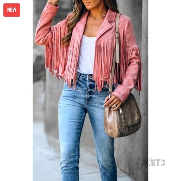 Faux Leather Moto Jacket Cropped Fringe Tassel Western Y2K Chic Lightweight - Picture 4 of 7